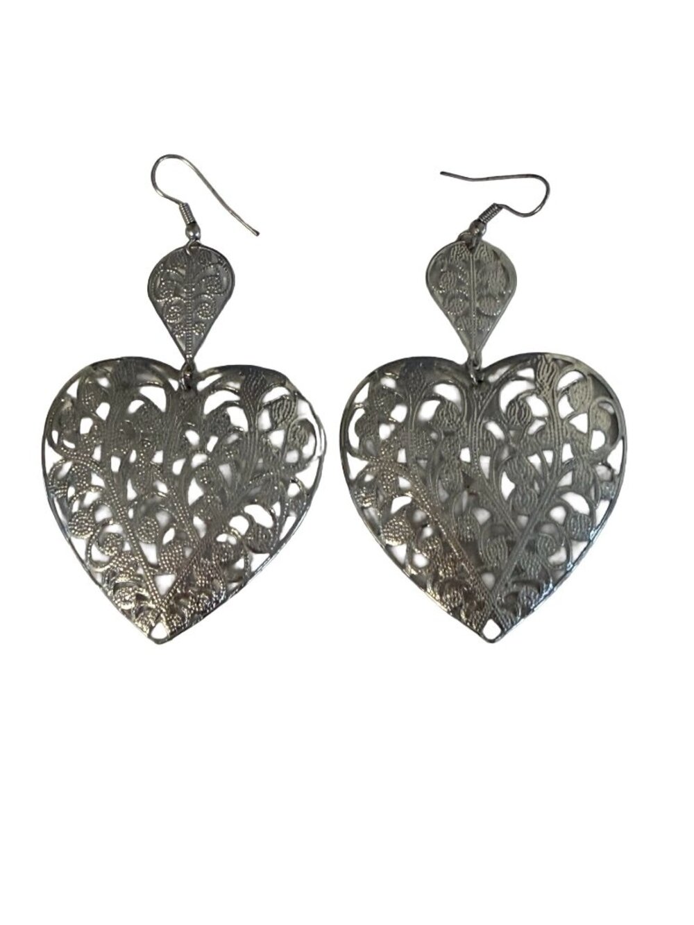 Silver Tone Metal Filigree Heart Dangle Earrings Floral Openwork Statement 2.5"
